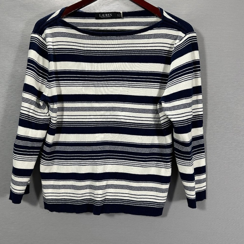 Ralph Lauren Black Label Top Womens XL Blue White Stretch Cotton 3/4 Sleeve Boat